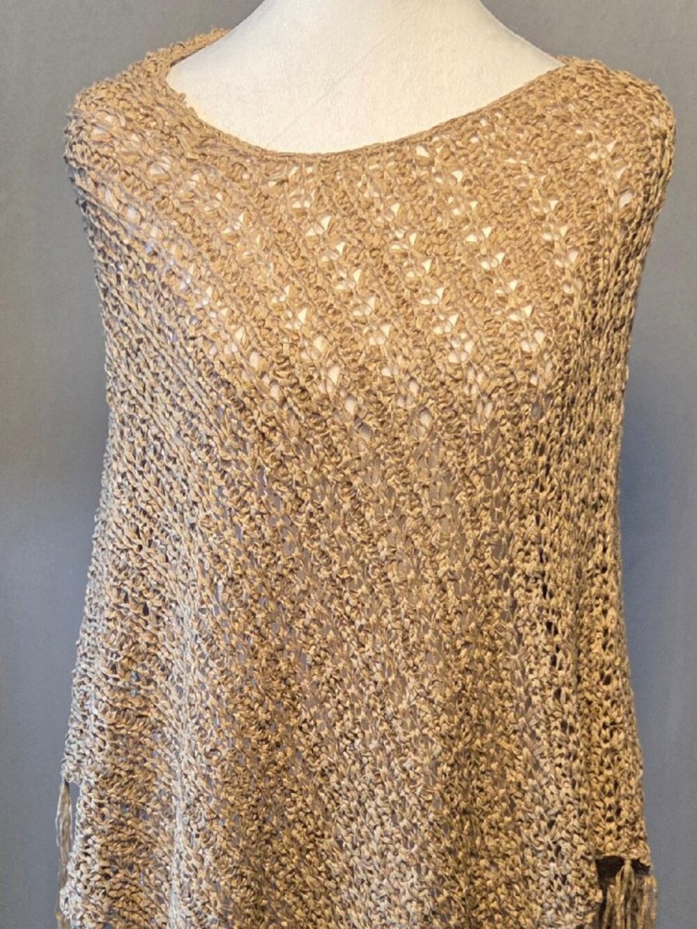 Chico’s Open Knit Fringe Poncho Shawl Boho Tan Neutral Festival One Size